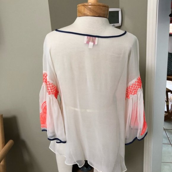 Plenty by Tracy Reese 100% Silk Sheer & Neon Embroidery Bell Sleeve - Picture 4 of 9